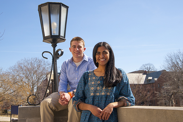 Goldwater Scholar Ragini Phansalkar '14 (CLAS &amp; ENG), a dual-degree student majoring in computer science and biology, and Nicholas Gallo '14 (CLAS), a physiology and neurobiology major with minors in mathematics and molecular and cell biology, who earned an honorable mention for the prize. (Sean Flynn/UConn Photo)