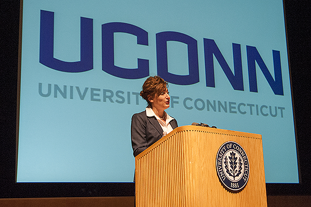 The new primary wordmark in all capital letters is at the center of the University's visual identity announced by President Herbst today. (Sean Flynn/UConn Photo)
