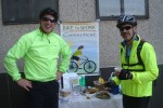 From left: Mark Dombrofski and Dr. Peter Schulman enjoy a snack after biking to work on May 17, 2013. (Joyce Fritz/UConn Health Center Photo)