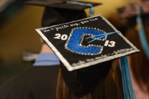 Danielle Ruderman of Trumbull wears a decorated mortarboard during the Neag School of Education Commencement ceremony held at the Jorgensen Center for the Performing Arts on May 12, 2013. (Peter Morenus/UConn Photo)