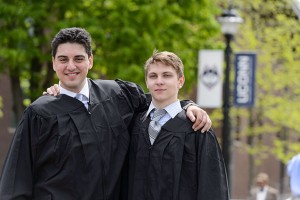 Luigi Dimeglio, left, and Aleksey Fadeichev, both of Norwalk, pose for a photo following the School of Business commencement ceremony at Harry A. Gampel Pavilion on May 12, 2013. (Peter Morenus/UConn Photo)