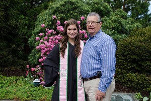 Alexa Rubino '13 (BUS) with her father, Joe, after the School of Business Commencement ceremony held at Gampel Pavilion on May 12, 2013. (Ariel Dowski '14 (CLAS)/UConn Photo)