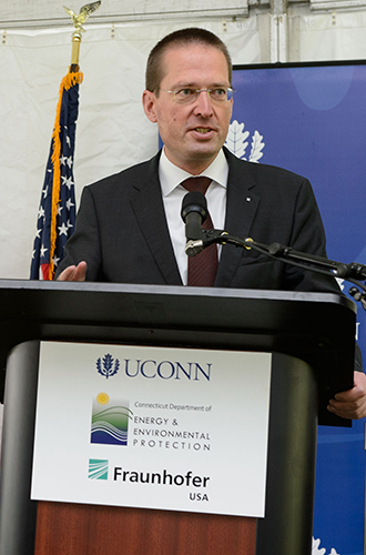Fraunhofer USA President Georg Rosenfeld speaks during the event. (Peter Morenus/UConn Photo)