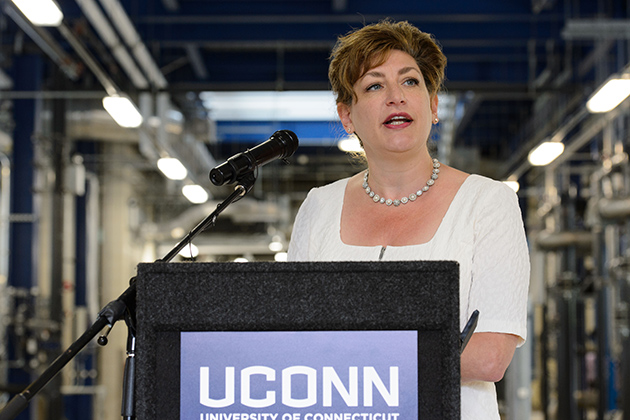 President Susan Herbst speaks at an event to celebrate the opening of the Water Reclamation Facility on July 10, 2013. (Peter Morenus/UConn Photo)