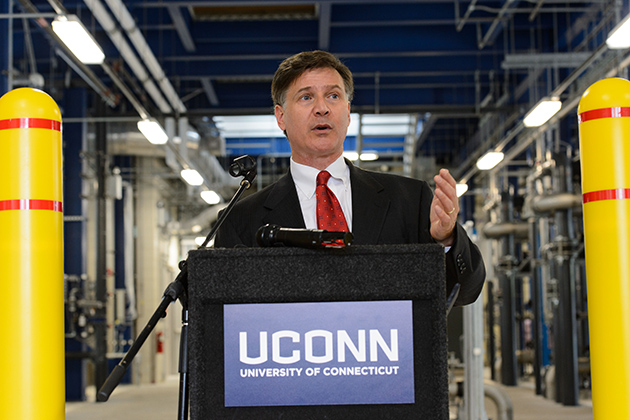 Commissioner Daniel Esty, of the state department of energy and environmental protection speaks at an event to celebrate the opening of the Water Reclamation Facility on July 10, 2013. (Peter Morenus/UConn Photo)