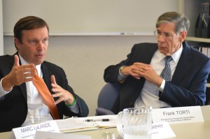 From left, U.S. Sen. Chris Murphy and Dr. Frank Torti,  medical school dean and EVP for health affairs at the UConn Health Center. (Sarah Turker/UConn Health Center Photo)