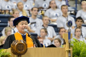Provost Mun Choi welcomed parents and students during the Convocation ceremony at Gampel Pavilion on Friday, Aug. 23; (Peter Morenus/UConn Photo)