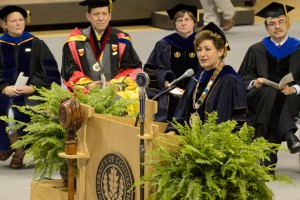 President Susan Herbst spoke to an attentive audience of students, parents, faculty, and staff at Convocation welcoming the class of 2017. (Peter Morenus/UConn Photo)