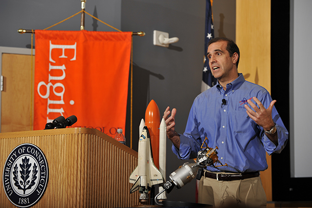 Astronaut Richard Mastracchio '82 (ENG) spoke at the Student Union Theatre in 2010. (Peter Morenus/UConn Photo)