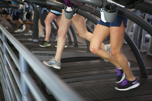 Students running on treadmills at the Student Recreation Facility. (Sean Flynn/UConn Photo)
