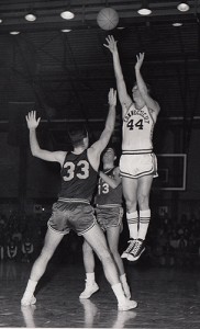 Wes Bialosuknia '67 (CLAS) takes a shot against Holy Cross. (Photo courtesy of Archives & Special Collections, University of Connecticut Libraries)