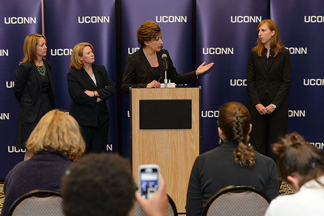 President Herbst addressed trustees and the media today, in light of allegations made against the University earlier this week. Shown from left, Nicole Gelston, associate general counsel; Barbara O'Connor, chief of police; University President Susan Herbst; Elizabeth Conklin, associate vice president for diversity and equity. (Peter Morenus/UConn Photo)