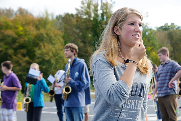 Chrissy Nadeau '14 MA leads the Stonington High School Band. The program helps music education majors to practice the skills they may need as future school band directors. (Juanita Austin '15 (SFA)/UConn Photo)