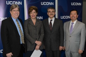 J. Michael McQuade, UTC senior vice president of science and technology, left, President Susan Herbst, Kazem Kazerounian, interim dean of engineering, and Provost Mun Choi announced the launch of the UTC Institute for Advanced Systems Engineering at UConn.
