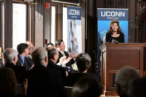 UConn President Susan Herbst speaks at an event to announce the launch of the Institute for Community Resiliency and Climate Adaptation held on Jan. 24, 2014 at the Branford House at the University of Connecticut Avery Point campus in Groton. (Peter Morenus/UConn Photo)