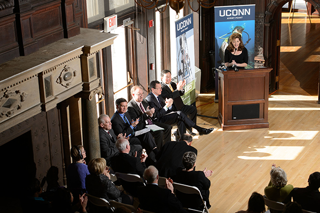 UConn President Susan Herbst speaks at an event to announce the launch of the Institute for Community Resiliency and Climate Adaptation held on Jan. 24, 2014 at the Branford House at the University of Connecticut Avery Point campus in Groton(Peter Morenus/UConn Photo)