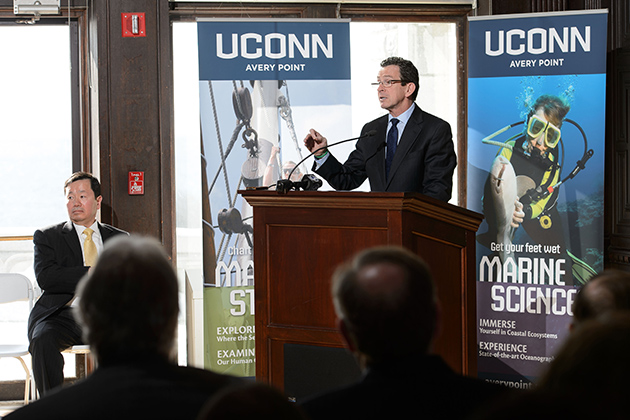 Governor Dannel P. Malloy speaks at an event to announce the launch of the Institute for Community Resiliency and Climate Adaptation held on Jan. 24, 2014 at the Branford House at the University of Connecticut Avery Point campus in Groton. (Peter Morenus/UConn Photo)