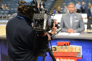 From the court, an ESPN cameraman records GameDay analyst Jalen Rose discussing the UConn-Louisville game. (Bret Eckhardt/UConn Photo)