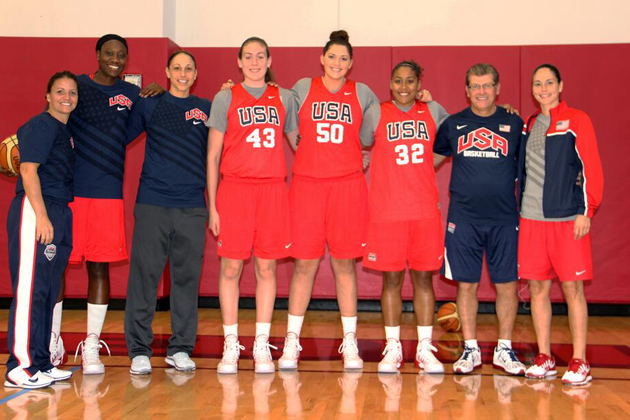 A reunion of Huskies last October when USA Basketball invited the nation’s top women’s players to Las Vegas to compete for consideration to join the USA National Team that hopes to qualify for the 2016 Olympic Games included six of the current and former Huskies who were named this week to the National Team pool. From left, 2011 U19 USA head coach Jennifer Rizzotti, Tina Charles, Diana Taurasi, Breanna Stewart, Stefanie Dolson, Kaleena Mosqueda-Lewis, USA Women’s Basketball head coach Geno Auriemma, and Sue Bird. (Photo by Andrew Bernstein/USA Basketball for UConn)