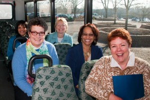 Legislative leaders took a bus tour of the Health Center campus to see the progress of the Bioscience Connecticut construction projects:  Susan Keane, Appropriations Committee administrator (front), Sen. Beth Bye (second row left), Rep.Toni Walker (second row right), UConn Health Chief Administrative Officer Carolle Andrews (back left), and Rep. Pam Sawyer. (Janine Gelineau/UConn Health Center Photo)