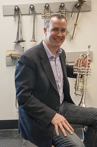 Louis Hanzlik, music professor and trumpet player gives one-on-one instruction to Sean ? at the department of music on March 27, 2014. (Sean Flynn/UConn Photo)