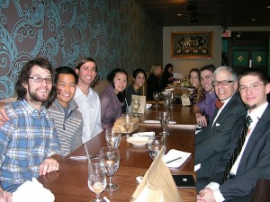 Dr. Barry Coller enjoys lunch with a group of UConn M.D.-Ph.D. students as part of the Physician-Scientist Career Development Colloquium. (Alex Adami for UConn Health)