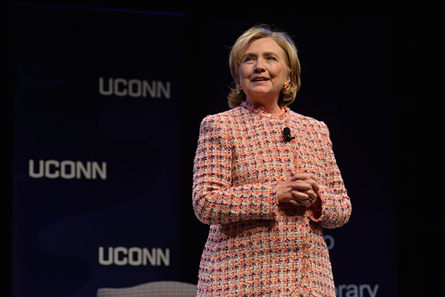 Hillary Clinton gives the address during The Edward Fusco Contemporary Issues Forum held at the Jorgensen Center for the Performing Arts on April 23, 2014. (Peter Morenus/UConn Photo)