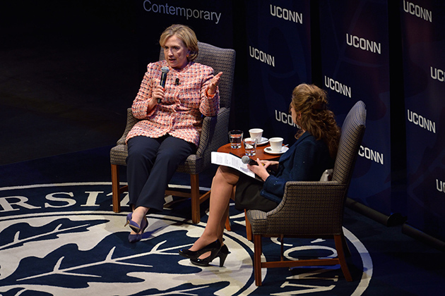 Former Secretary of State Hillary Clinton answers questions submitted by students and read by President Susan Herbst during The Edward Fusco Contemporary Issues Forum held at the Jorgensen Center for the Performing Arts on April 23. (Peter Morenus/UConn Photo)