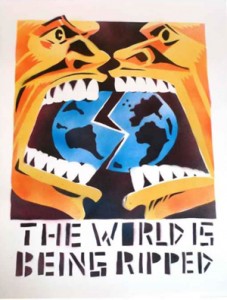 “The World is Being Ripped,” by Seth Tobocman, was originally spray painted on the sidewalks of New York City’s Lower East Side in the 1980s.