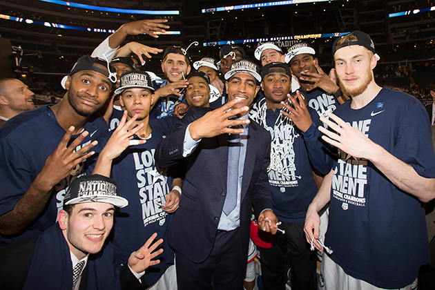 The UConn men's basketball sealed a win over Kentucky last night and claimed the program's fourth national title. (Steve Slade '89 (SFA) for UConn)