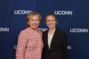 Molly Rockett '15 (CLAS), president of the UConn College Democrats, meets former Secretary of State Hillary Rodham Clinton at the Edmund Fusco Contemporary Issues Forum on April 23. (Peter Morenus/UConn Photo)