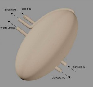 A drawing of the shell of an artificial kidney rendered using AutoCAD software. It is 12 cm long and 6 cm in diameter, an average size for an adult human biological kidney. (Image courtesy of Benjamin Coscia '14 (ENG)) 