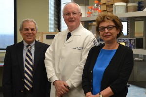 A. Jon Goldberg, Ph.D, R. L. MacNeil, D.D.S., M.Dent.Sc., and Mina Mina, D.M.D., Ph.D. on April 30, 2014. (Sarah Turker/UConn Health Photo)