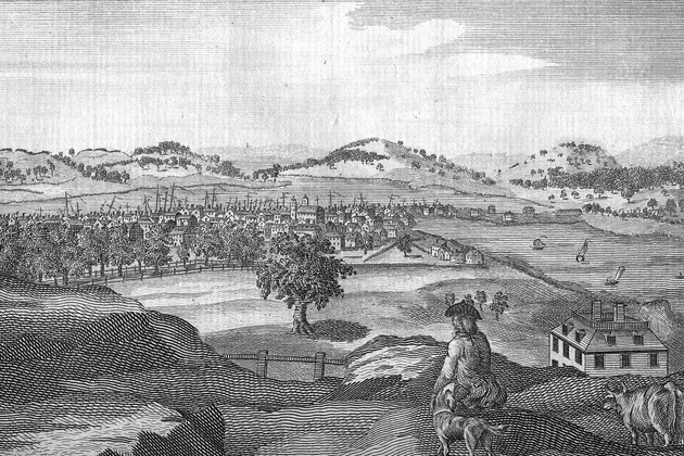 This view of Boston from the top of Beacon Hill shows the Common in the near distance, Boston Neck in the middle distance, and the Dorchester hills on the horizon. 'South-east View of Boston,' by Samuel Hill, Massachusetts Magazine, 1790. (Image courtesy of the American Antiquarian Society)