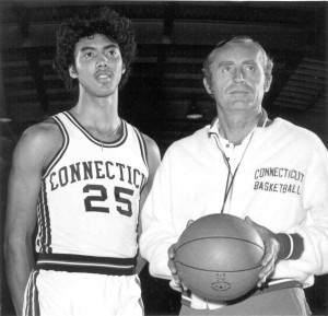 Dee Rowe, right, head coach of men's basketball 1969-70 through 1976-77, with Tony Hanson. (UConn Athletic Communications file photo)