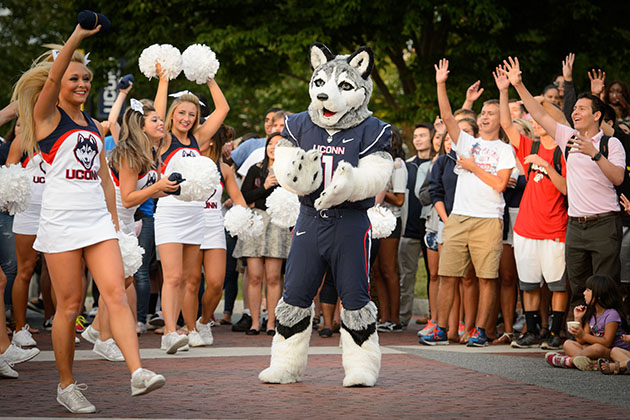Jonathan the Husky and cheerleaders throw T-shirts to the crowd during the UConn Football pep rally held on Fairfield Way on Aug. 28. (Peter Morenus/UConn Photo)