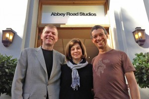 Professor Kenneth Fuchs, JoAnn Falletta, and Roderick Williams on the steps of Abbey Road Studios in London. (Chris von Rosenvinge photo)
