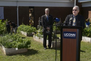 Jeffrey Fisher, director of CHIP, speaks at an event held at Goodwin Elementary School in East Hartford to announce the move of the Rudd Center for Food Policy and Obesity to UConn on Sept. 12. (Peter Morenus/UConn Photo)