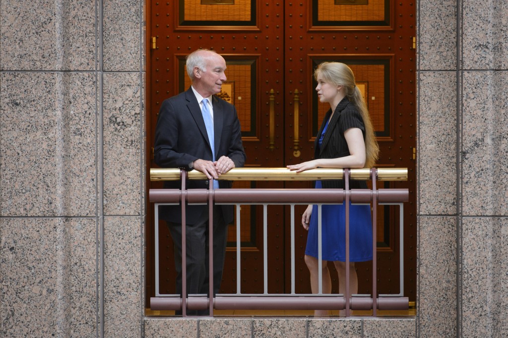 Senior Molly Rockett ’15 (CLAS) reconnects with U.S. Rep. Joe Courtney ’78 JD, for whom she previously interned.