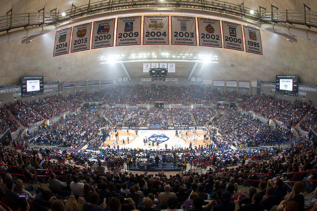 Gampel Pavilion on First Night, Oct. 17. New lights to be installed this winter will drastically reduce energy consumption and costs at the arena. (Stephen Slade '89 (SFA) for UConn)