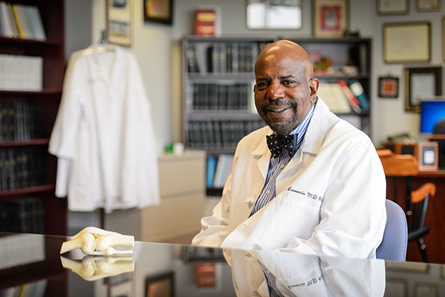 Dr. Cato T. Laurencin at his office at UConn Health in Farmington. (Peter Morenus/UConn Photo)