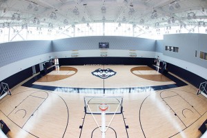 The new $35 million, 78,000-square-foot Werth Family UConn Basketball Champions Center includes common areas designed for academic support, sports medicine, and strength training, along with separate practice gyms, locker rooms, coaches’ offices, meeting rooms, and video analysis facilities. (Stephen Slade '89 (SFA)/UConn Photo) 