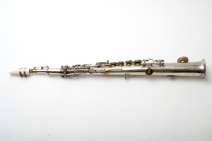 A soprano saxophone made in 1866 by Adolphe Sax, with a mouthpiece created by UConn researchers  using 3-D printing technology. (Peter Morenus/UConn Photo)