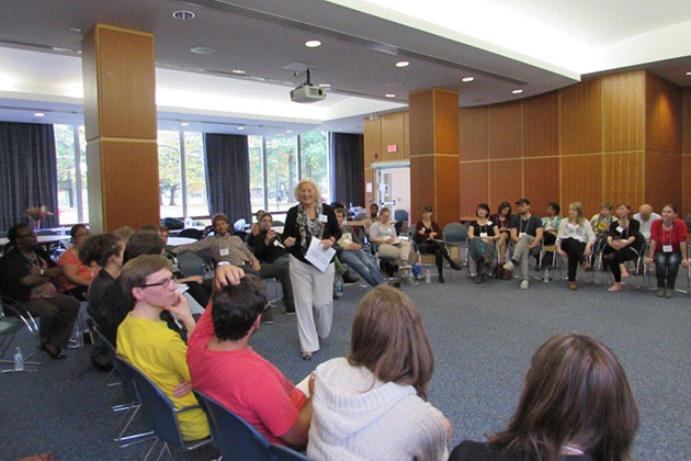 Ruth Weiner, Holocaust educator, addresses University of Merseburg and UConn social work students during a day-long conference that was part of an academic exchange program. (School of Social Work/UConn Photo)