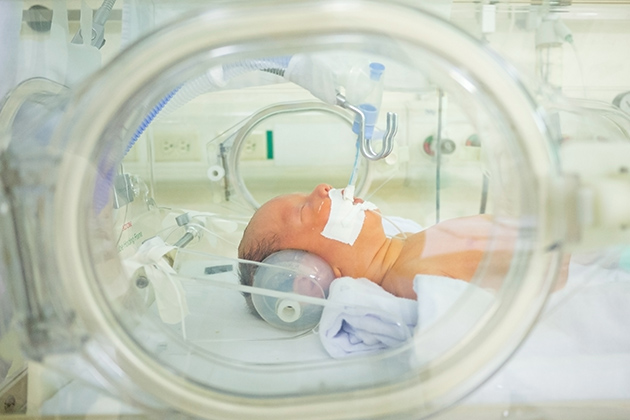 An infant breathes with the help of a respirator in an isolette in a Neonatal Intensive Care Unit. (Shutterstock/UConn Photo)