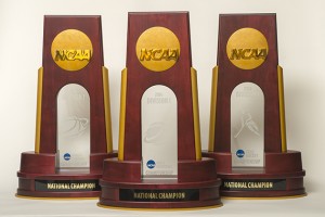 NCAA 2014 championship trophies for women's basketball, field hockey, and men's basketball. (Peter Morenus/UConn Photo)