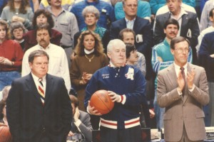 Big East commissioner Dave Gavitt, left, Connecticut Gov. William O'Neill, center, and UConn director of athletics Todd Turner.