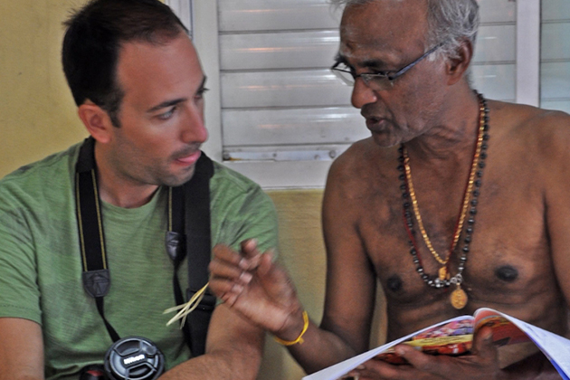Dimitris Xygalatas, left, conducts an interview in Mauritius. (Photo courtesy of Dimitris Xygalatas)