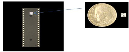A 3.15 mm QR code storing an encrypted and compressed image shown placed on an integrated circuit and an image of the QR code placed next to a dime. (Courtesy of Adam Markman/Brhram Javidi)