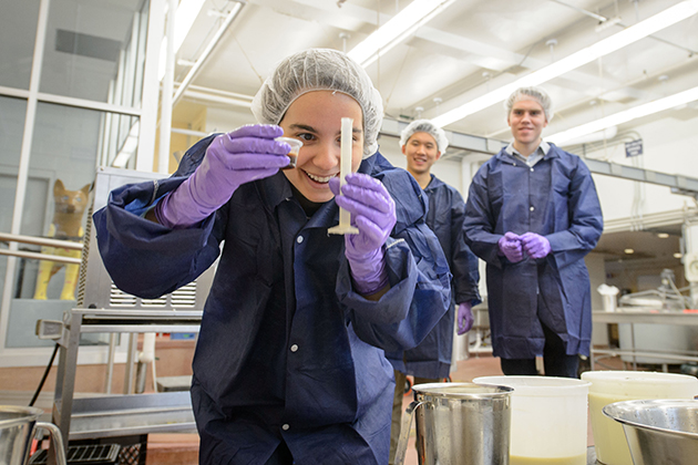 Leonora Yokubinas '15 (ENG) measures vanilla extract for flavoring a test batch of reduced sugar ice cream at the UConn Creamery on April 8, 2015. (Peter Morenus/UConn Photo)